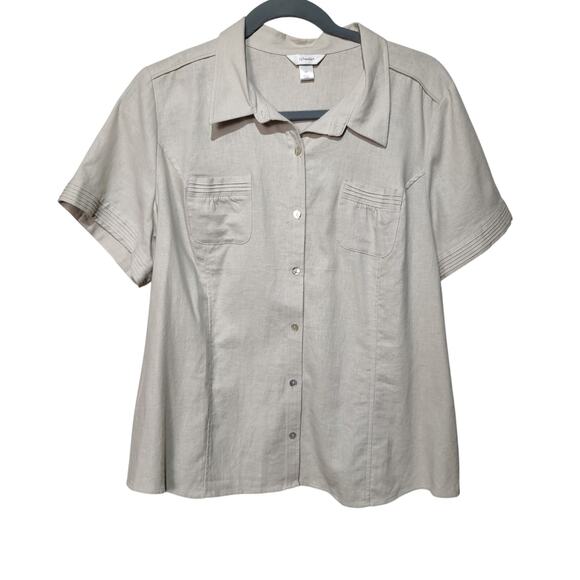 CJ Banks Women's Plus Sz 3X Oatmeal Tan Linen Short Sleeve Button Front Shirt - Picture 1 of 6